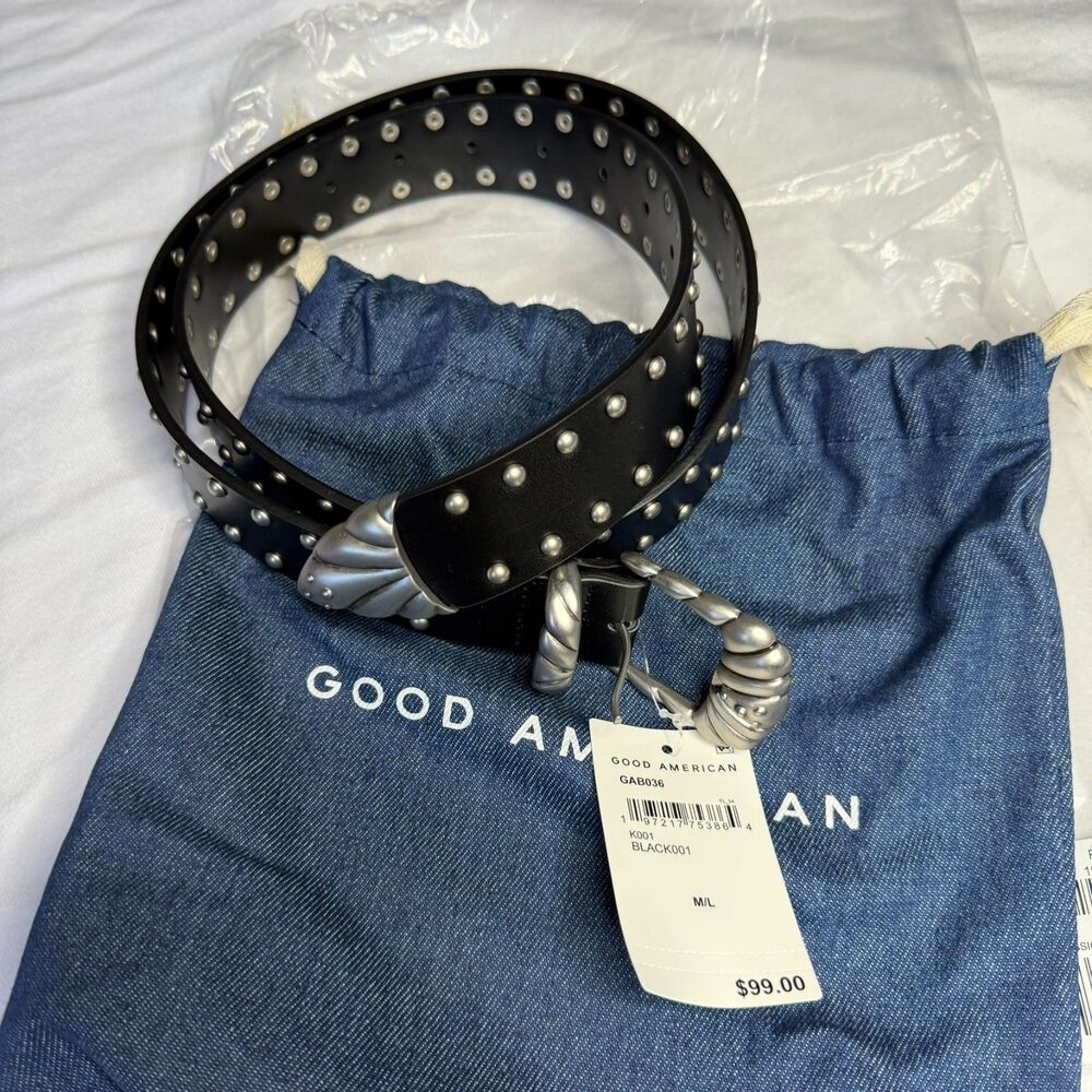 Good American Studded Western Belt Black Silver Vegan Leather NWT M/L - Picture 3 of 5